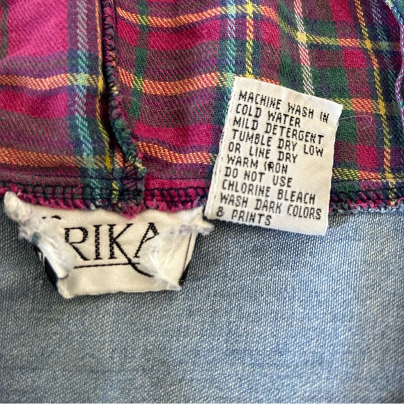 Vintage grunge Denim button down hoodie with Plaid Sleeves - Picture 8 of 8